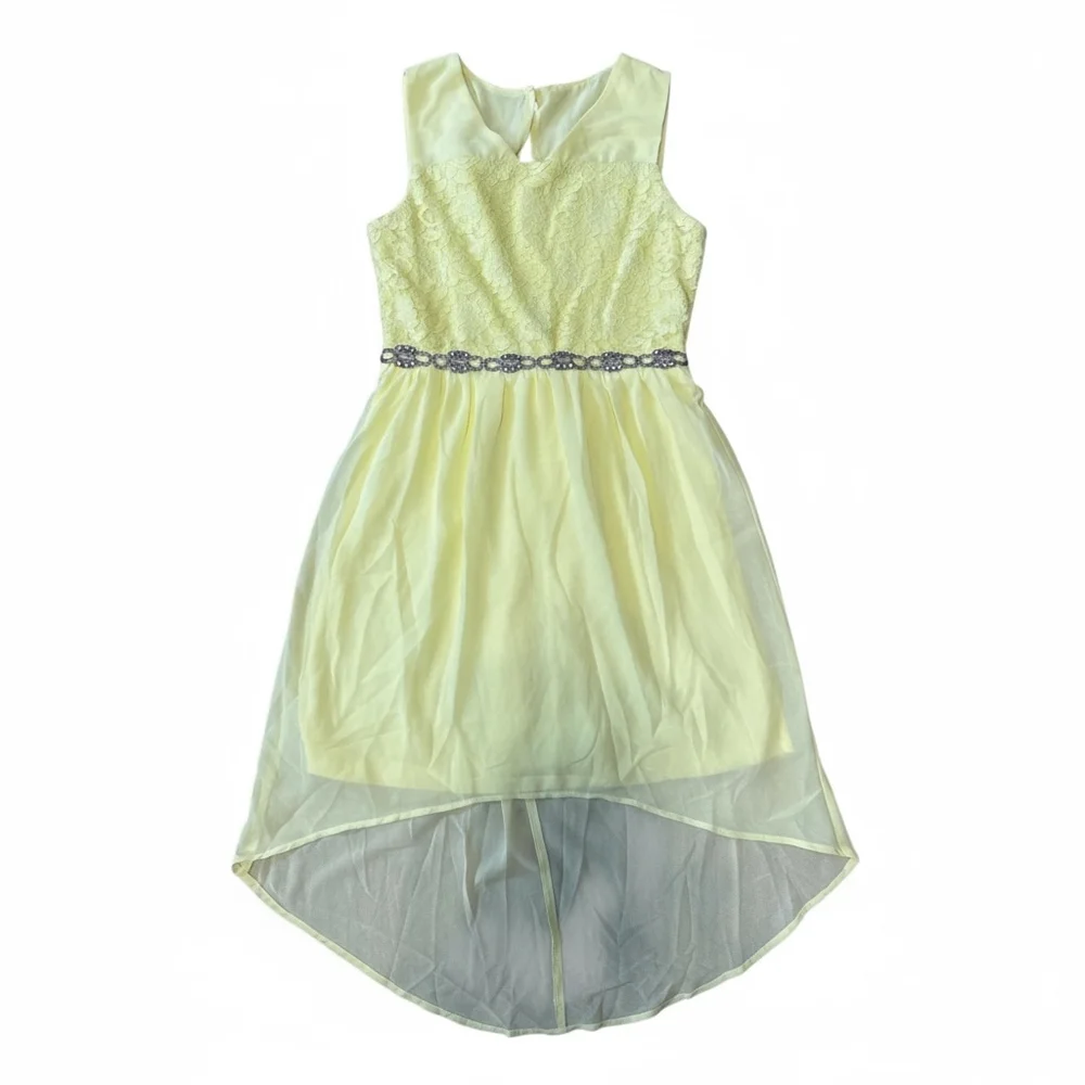 Girls Elegant High-Low Party Dress, Pale Yellow Lace Bodice with Crystal Belt, C